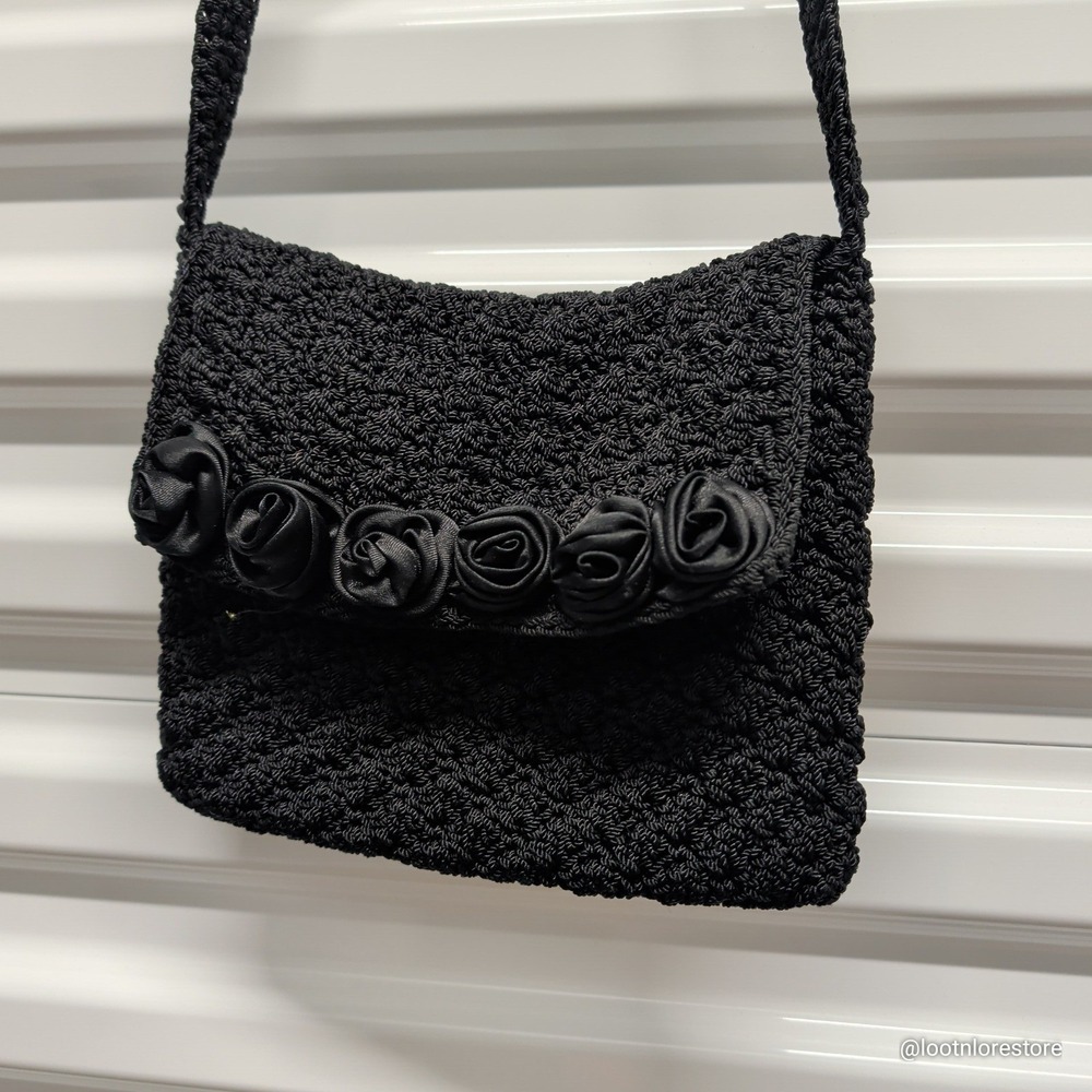 Christian Livingston Crochet Crossbody Bag Black Satin Rosette Floral Small Zip